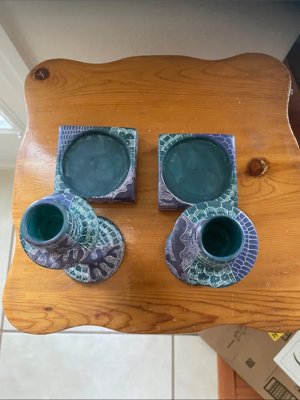 Artisan Ceramic Candle Holders in Teal and Purple - Pair